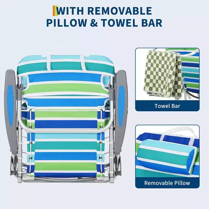 Lot de 2 chaises de plage portables pliantes avec dossier inclinable sur 5 positions, capacité de 136 kg, avec sangles de sac à dos