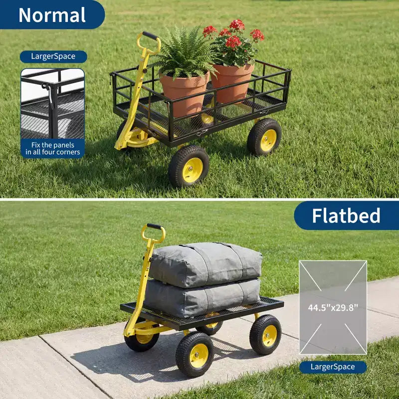 Chariot de jardin en acier robuste, chariot de jardin avec pneus de 13 pouces, poignée rotative à 180°, compatible VTT et tracteur