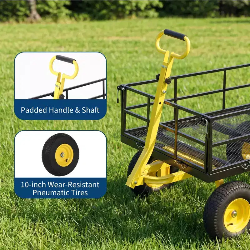 Chariot de jardin en acier robuste, chariot de jardin avec pneus de 13 pouces, poignée rotative à 180°, compatible VTT et tracteur