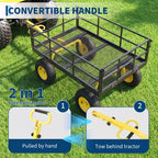Chariot de jardin en acier robuste, chariot de jardin avec pneus de 13 pouces, poignée rotative à 180°, compatible VTT et tracteur