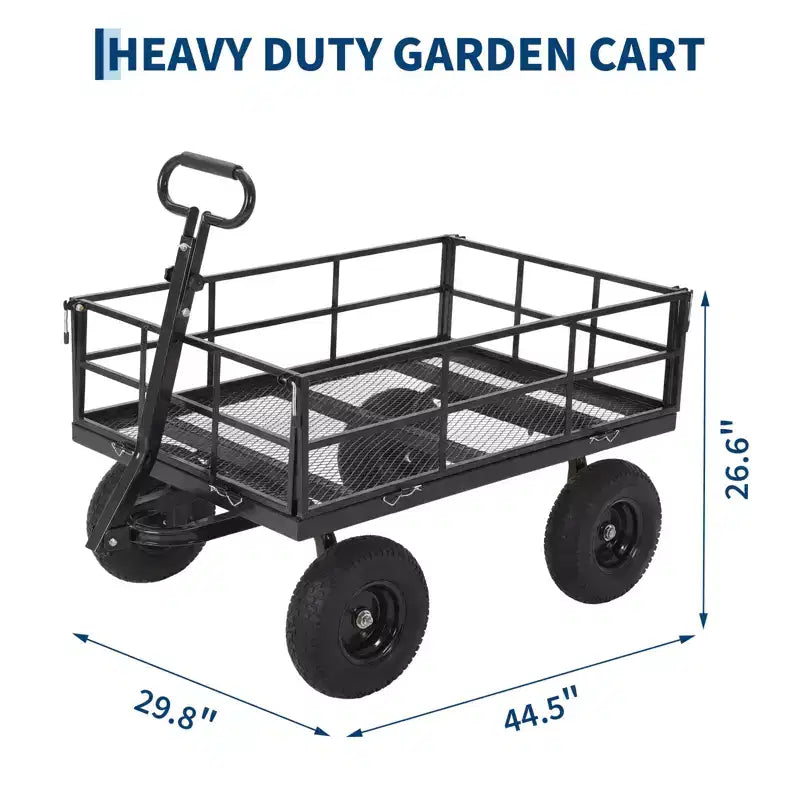 Chariot de jardin en acier robuste, chariot de jardin avec pneus de 13 pouces, poignée rotative à 180°, compatible VTT et tracteur