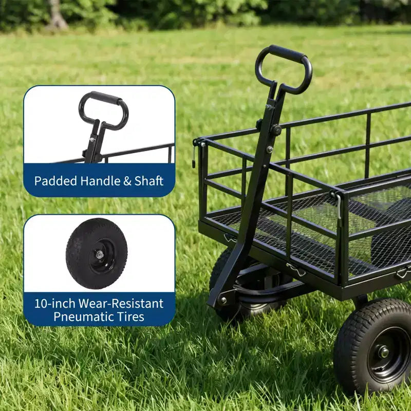 Chariot de jardin en acier robuste, chariot de jardin avec pneus de 13 pouces, poignée rotative à 180°, compatible VTT et tracteur