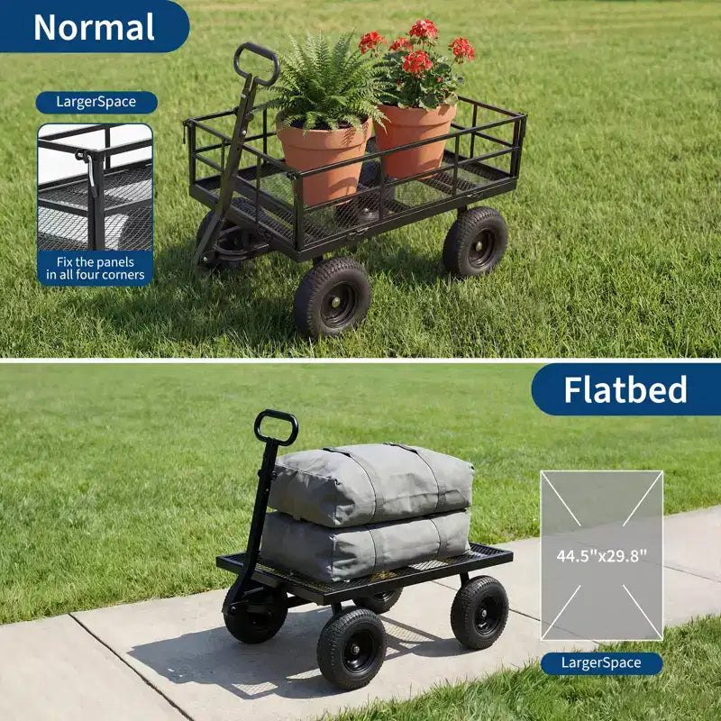 Chariot de jardin en acier robuste, chariot de jardin avec pneus de 13 pouces, poignée rotative à 180°, compatible VTT et tracteur