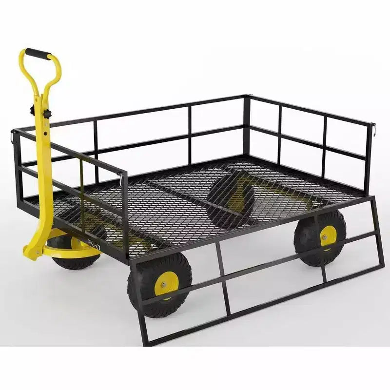 Chariot de jardin en acier robuste, chariot de jardin avec pneus de 13 pouces, poignée rotative à 180°, compatible VTT et tracteur