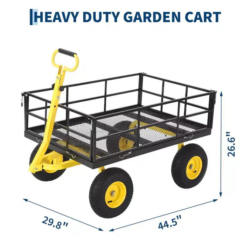 Chariot de jardin en acier robuste, chariot de jardin avec pneus de 13 pouces, poignée rotative à 180°, compatible VTT et tracteur