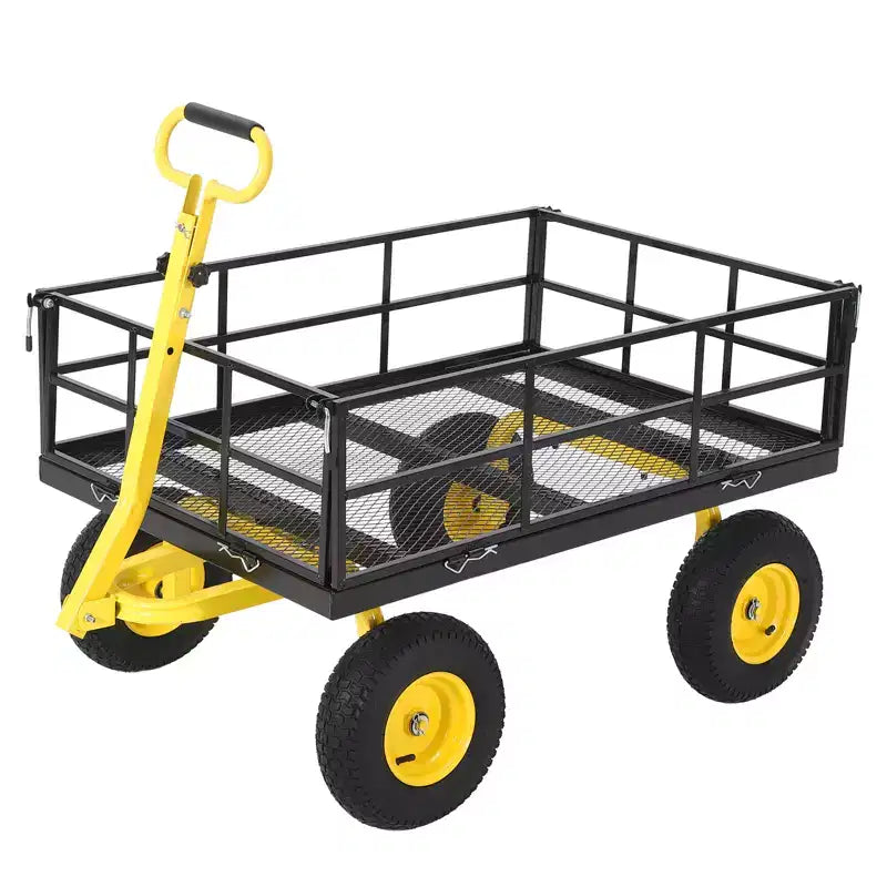 Chariot de jardin en acier robuste, chariot de jardin avec pneus de 13 pouces, poignée rotative à 180°, compatible VTT et tracteur