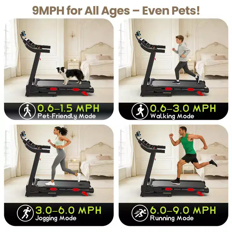 Tapis roulant pliable motorisé 3.75 CV, jusqu'à 14,5 km/h, 105 programmes prédéfinis et écran LCD