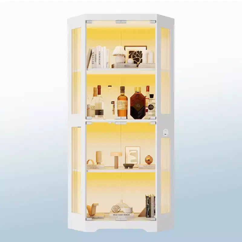 Vitrine d'angle à 4 niveaux avec portes en verre et lumières LED, meuble de rangement moderne pour objets de collection et salon