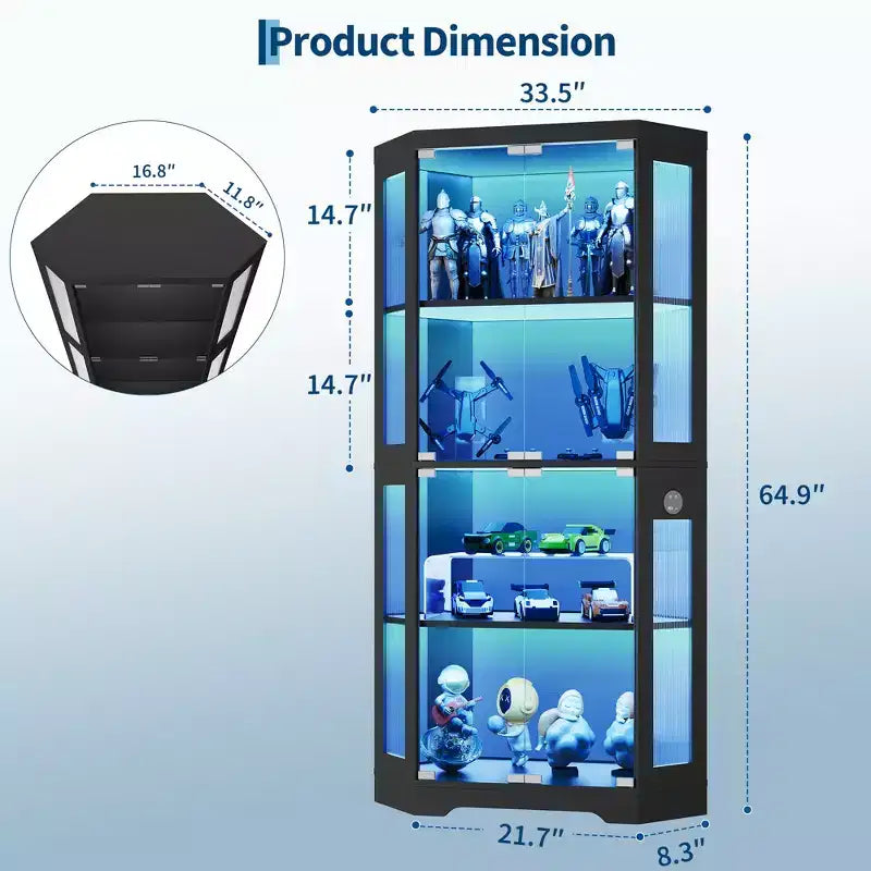 Vitrine d'angle à 4 niveaux avec portes en verre et lumières LED, meuble de rangement moderne pour objets de collection et salon