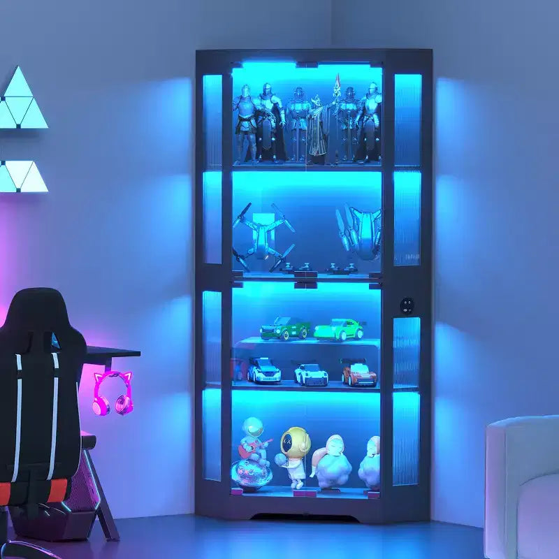Vitrine d'angle à 4 niveaux avec portes en verre et lumières LED, meuble de rangement moderne pour objets de collection et salon