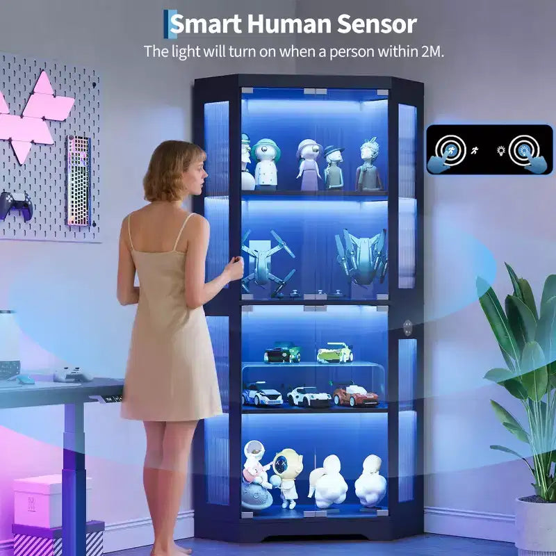 Vitrine d'angle à 4 niveaux avec portes en verre et lumières LED, meuble de rangement moderne pour objets de collection et salon