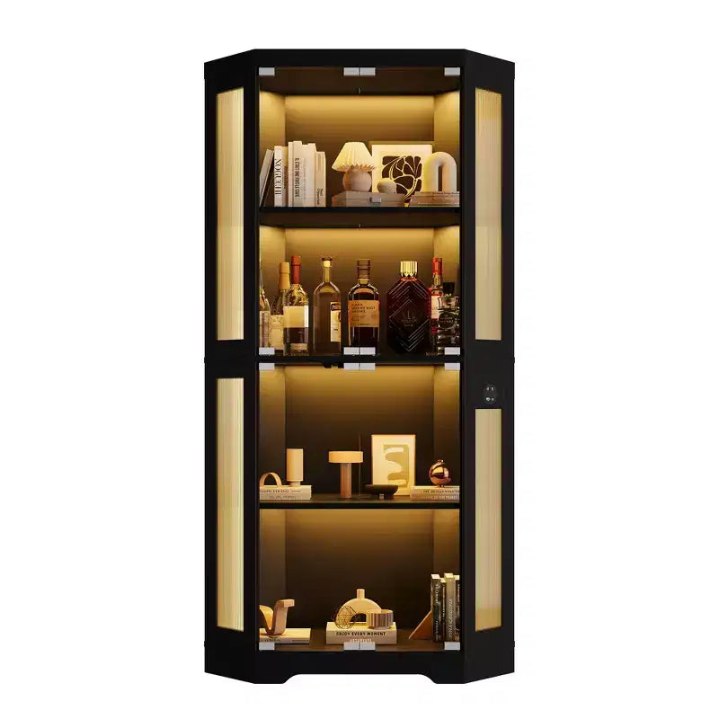 Vitrine d'angle à 4 niveaux avec portes en verre et lumières LED, meuble de rangement moderne pour objets de collection et salon