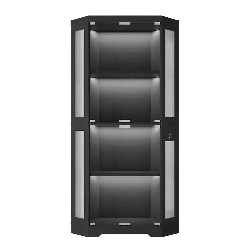 Vitrine d'angle à 4 niveaux avec portes en verre et lumières LED, meuble de rangement moderne pour objets de collection et salon