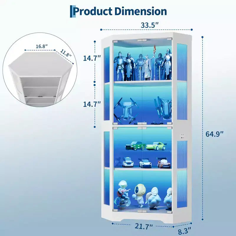 Vitrine d'angle à 4 niveaux avec portes en verre et lumières LED, meuble de rangement moderne pour objets de collection et salon