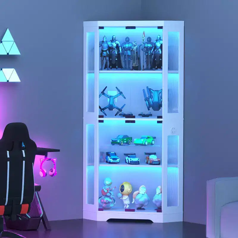 Vitrine d'angle à 4 niveaux avec portes en verre et lumières LED, meuble de rangement moderne pour objets de collection et salon