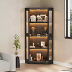 4-Tier Corner Display Cabinet with Glass Doors & LED Lights, Modern Curio Case Bookshelf Storage Organizer for Collectibles & Living Room