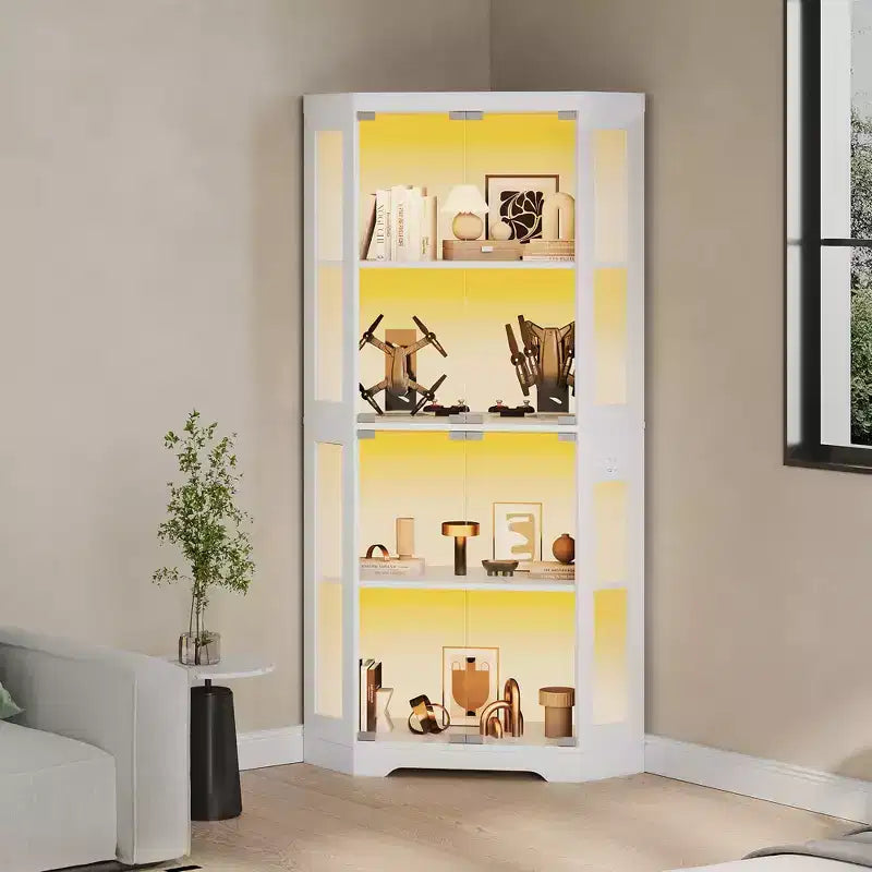 Vitrine d'angle à 4 niveaux avec portes en verre et lumières LED, meuble de rangement moderne pour objets de collection et salon