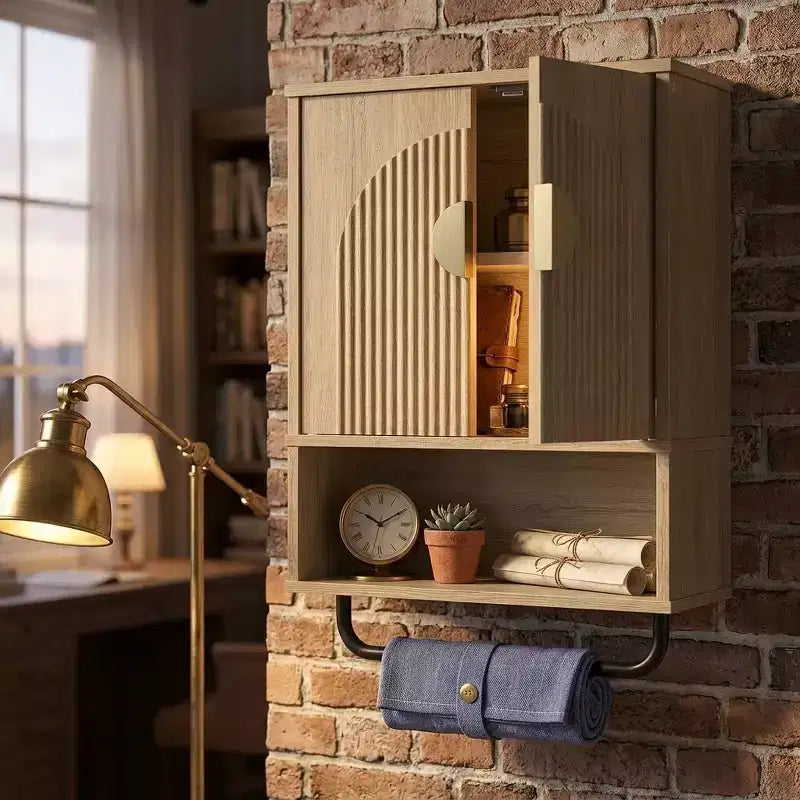 Meuble haut de salle de bain Dcolora avec porte-serviettes, portes cannelées, armoire à pharmacie