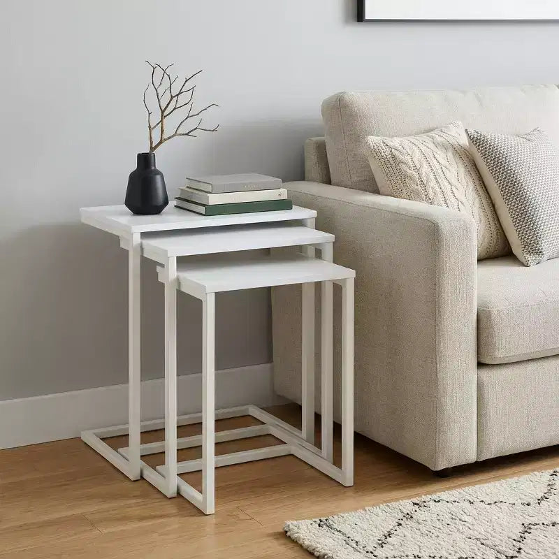 HomeRoots Set of Three 24 White Solid Wood And Steel Nested End Tables