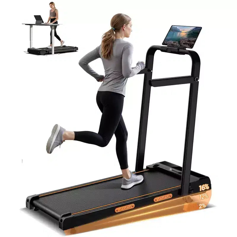 Tapis de marche pliable 4 en 1 avec poignée, tapis roulant sous le bureau avec inclinaison de 14 % pour la maison, moteur sans balais silencieux de 2,5 CV