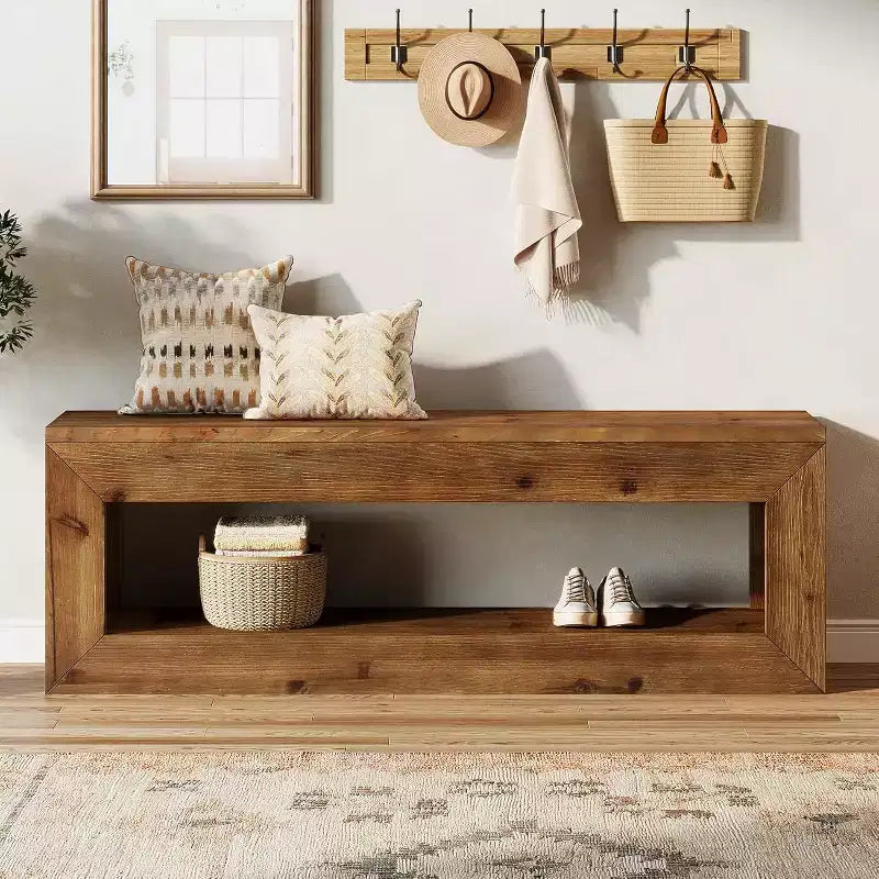 Banc d'entrée en bois massif Lantine, 120 cm, style rustique et fermier, avec étagère de rangement, pour entrée, couloir, bout de lit