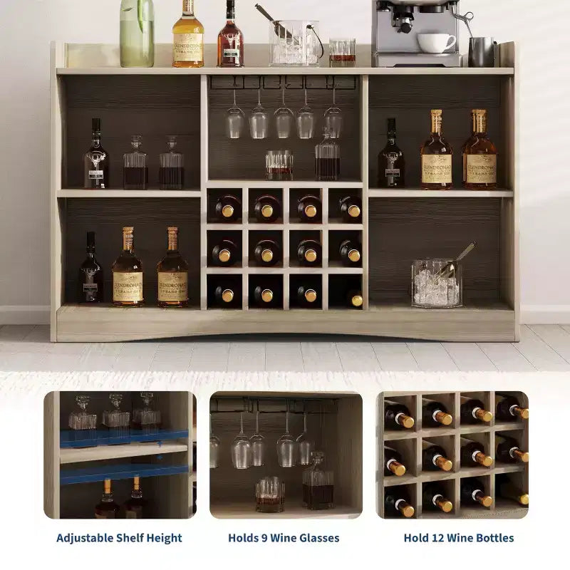 47 Modern Wine Bar Cabinet with 9 Glass Holders, 12 Wine Racks, Fluted Design, 2 Doors, Buffet Sideboard Storage for Dining & Living Room