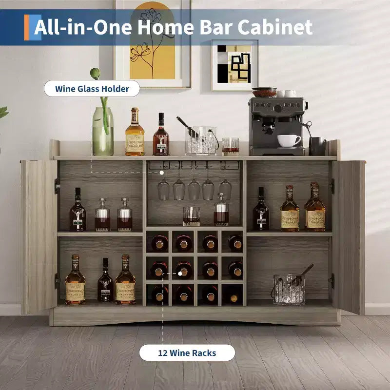 47 Modern Wine Bar Cabinet with 9 Glass Holders, 12 Wine Racks, Fluted Design, 2 Doors, Buffet Sideboard Storage for Dining & Living Room