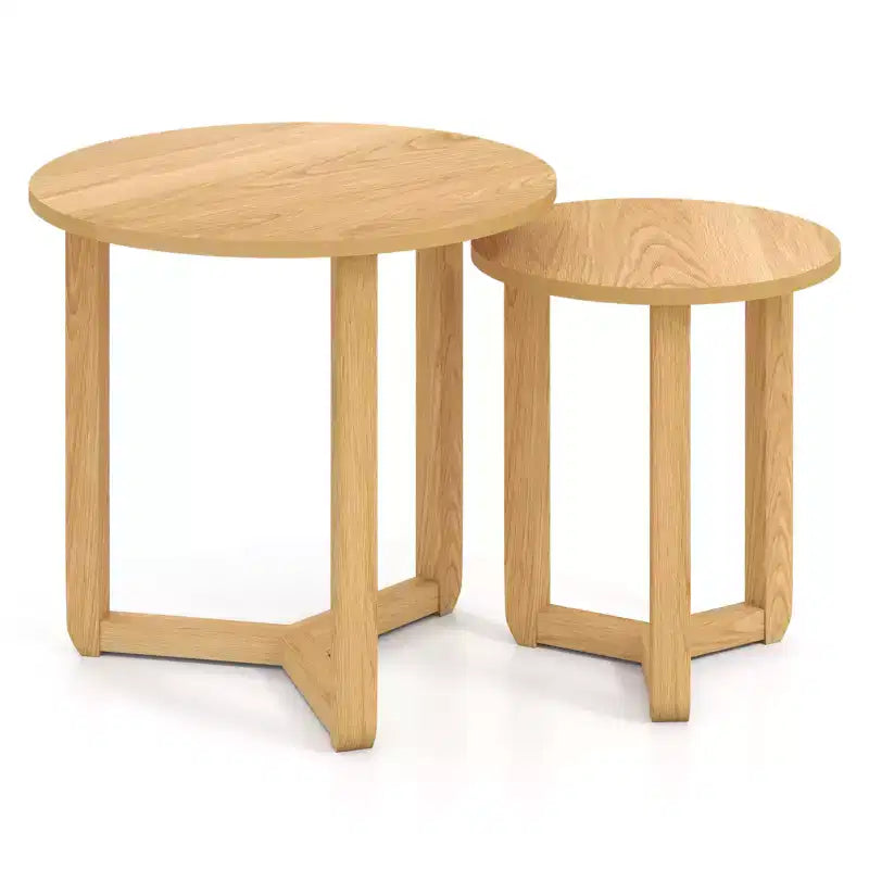 Costway Lot de 2 tables basses gigognes rondes avec plateau épais et pieds en bois d'hévéa massif Naturel/Noyer