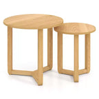 Costway Lot de 2 tables basses gigognes rondes avec plateau épais et pieds en bois d'hévéa massif Naturel/Noyer