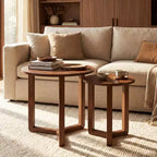Costway Lot de 2 tables basses gigognes rondes avec plateau épais et pieds en bois d'hévéa massif Naturel/Noyer