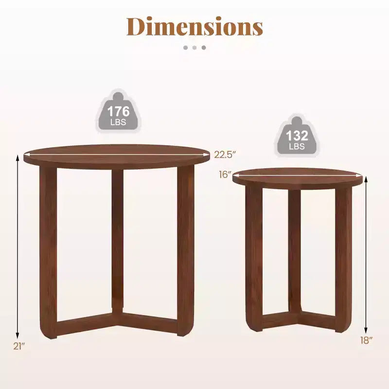 Costway Lot de 2 tables basses gigognes rondes avec plateau épais et pieds en bois d'hévéa massif Naturel/Noyer