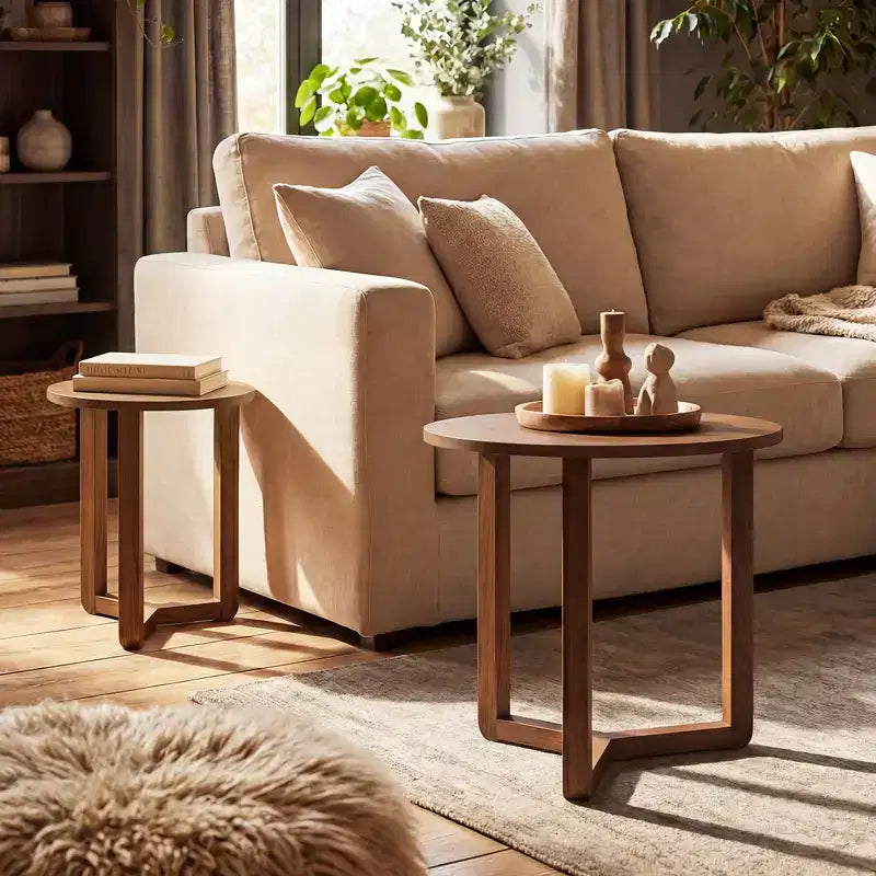 Costway Lot de 2 tables basses gigognes rondes avec plateau épais et pieds en bois d'hévéa massif Naturel/Noyer