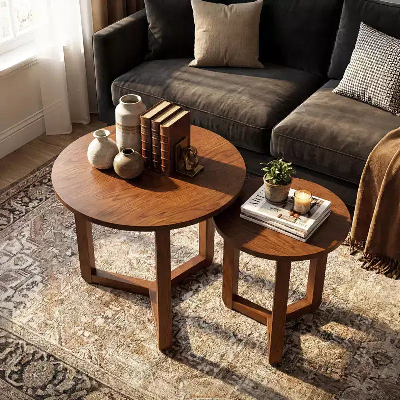 Costway Lot de 2 tables basses gigognes rondes avec plateau épais et pieds en bois d'hévéa massif Naturel/Noyer