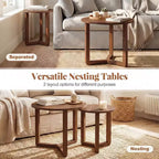 Costway Lot de 2 tables basses gigognes rondes avec plateau épais et pieds en bois d'hévéa massif Naturel/Noyer