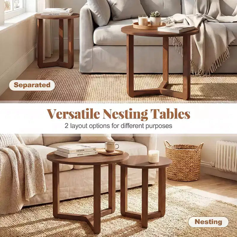 Costway Lot de 2 tables basses gigognes rondes avec plateau épais et pieds en bois d'hévéa massif Naturel/Noyer