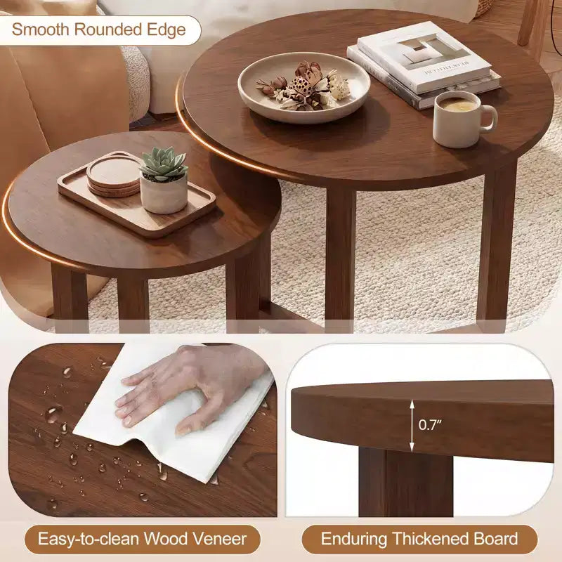 Costway Lot de 2 tables basses gigognes rondes avec plateau épais et pieds en bois d'hévéa massif Naturel/Noyer