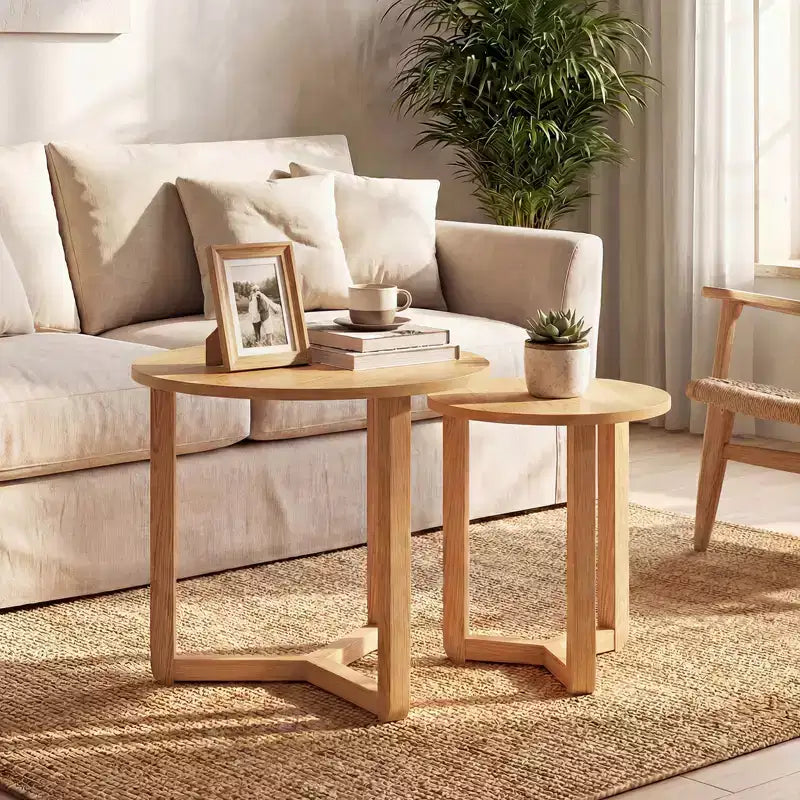 Costway Lot de 2 tables basses gigognes rondes avec plateau épais et pieds en bois d'hévéa massif Naturel/Noyer