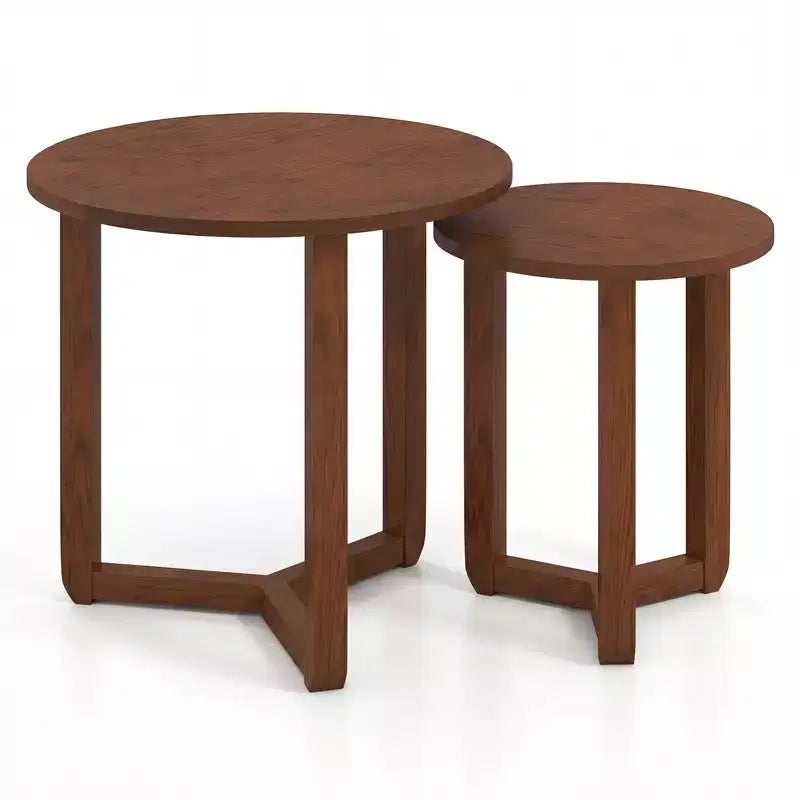 Costway Lot de 2 tables basses gigognes rondes avec plateau épais et pieds en bois d'hévéa massif Naturel/Noyer