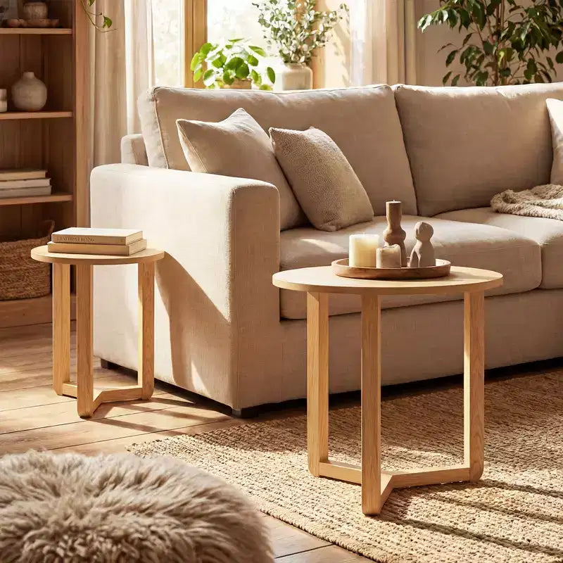 Costway Lot de 2 tables basses gigognes rondes avec plateau épais et pieds en bois d'hévéa massif Naturel/Noyer