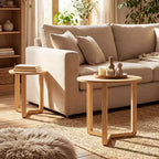 Costway Lot de 2 tables basses gigognes rondes avec plateau épais et pieds en bois d'hévéa massif Naturel/Noyer
