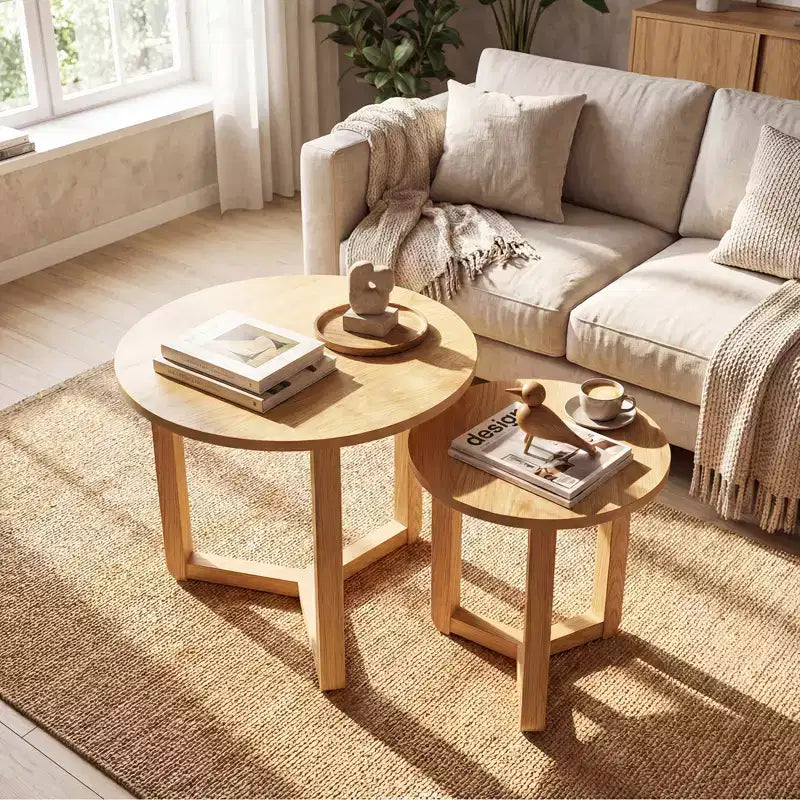 Costway Lot de 2 tables basses gigognes rondes avec plateau épais et pieds en bois d'hévéa massif Naturel/Noyer