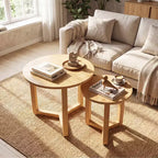 Costway Lot de 2 tables basses gigognes rondes avec plateau épais et pieds en bois d'hévéa massif Naturel/Noyer