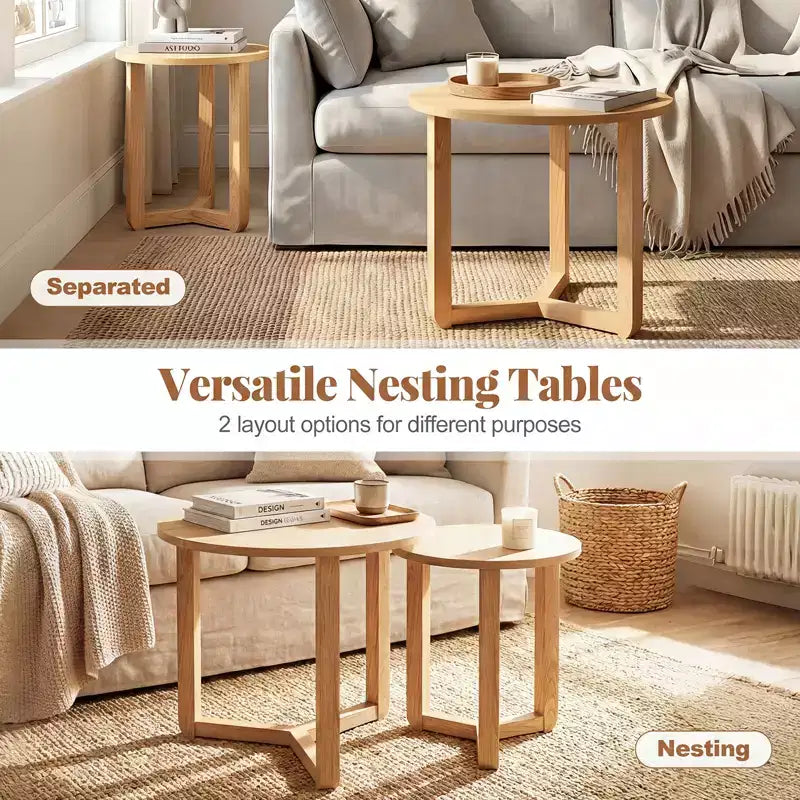 Costway Lot de 2 tables basses gigognes rondes avec plateau épais et pieds en bois d'hévéa massif Naturel/Noyer