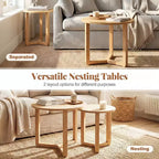 Costway Lot de 2 tables basses gigognes rondes avec plateau épais et pieds en bois d'hévéa massif Naturel/Noyer
