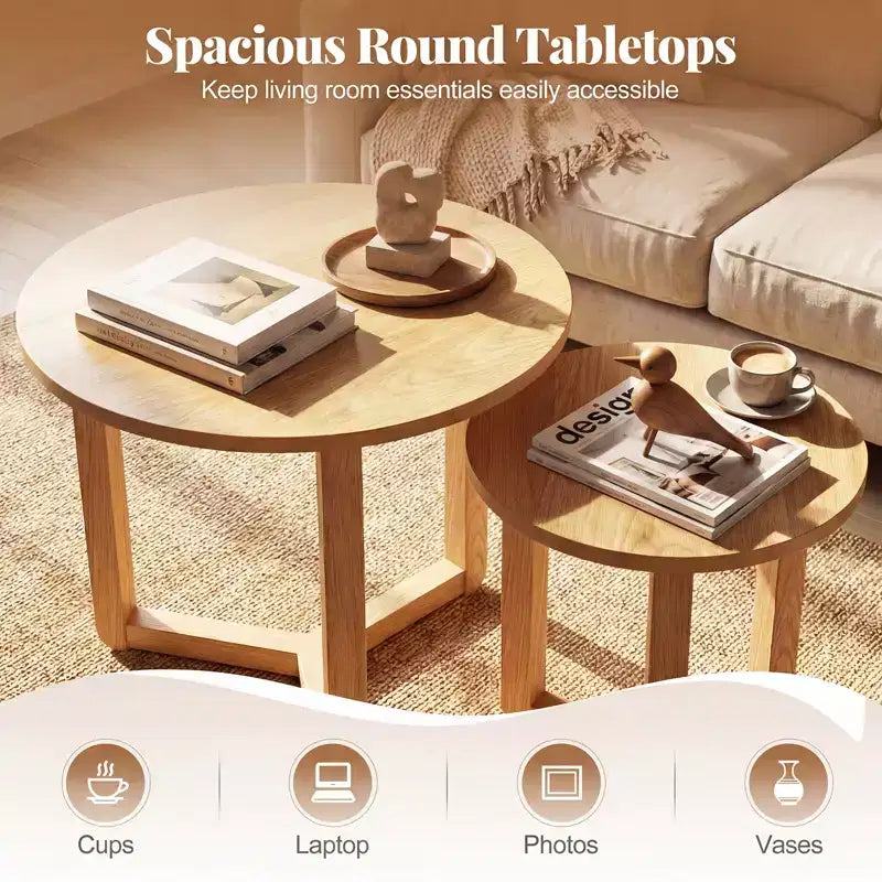 Costway Lot de 2 tables basses gigognes rondes avec plateau épais et pieds en bois d'hévéa massif Naturel/Noyer