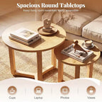 Costway Lot de 2 tables basses gigognes rondes avec plateau épais et pieds en bois d'hévéa massif Naturel/Noyer