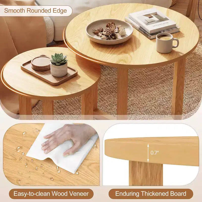 Costway Lot de 2 tables basses gigognes rondes avec plateau épais et pieds en bois d'hévéa massif Naturel/Noyer