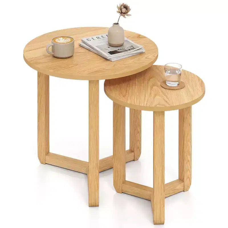 Costway Round Nesting Coffee Table Set of 2 with Thickened Top & Solid Rubber Wood Legs Natural/Walnut