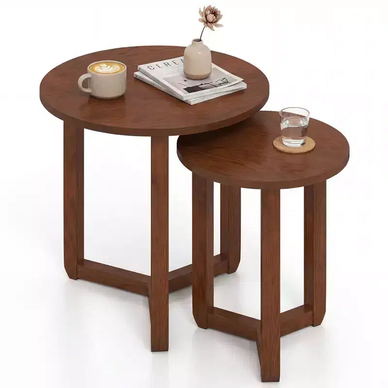 Costway Lot de 2 tables basses gigognes rondes avec plateau épais et pieds en bois d'hévéa massif Naturel/Noyer
