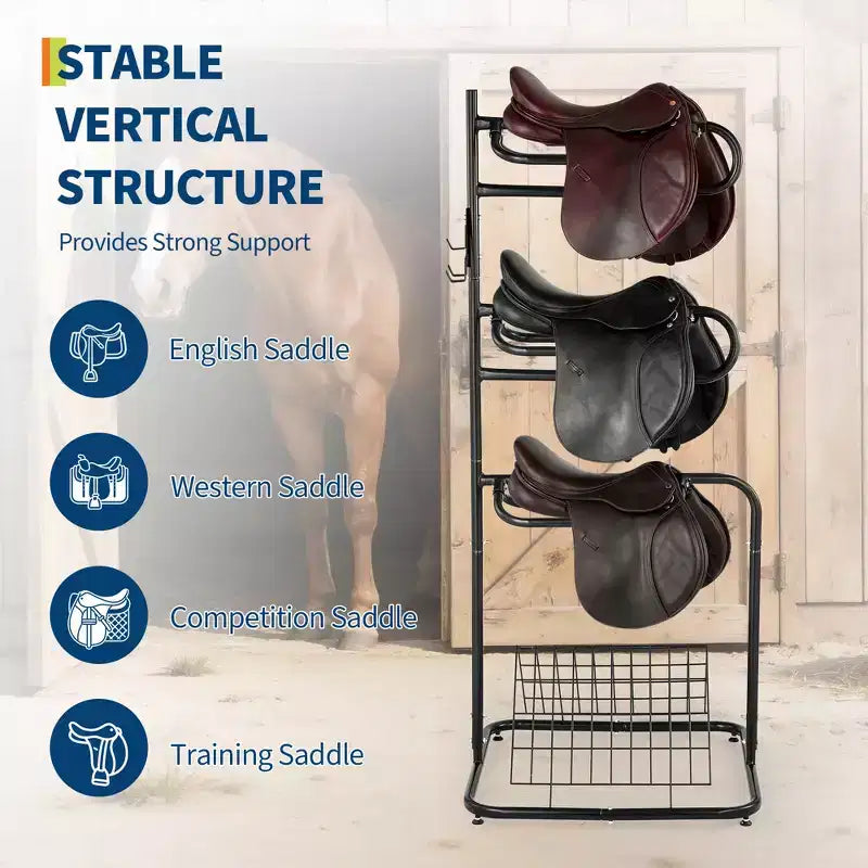 3 Tier Saddle Rack Stand Rotatable & Removable, Heavy Duty Horse Tack Organization Stand, Freestanding English & Western Saddle Blanket Holder Black